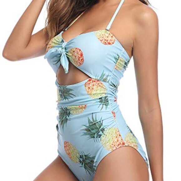 TEMPT ME YELLOW PINEAPPLE BLUE CUT-OUT HALTER MONOKINI SWIMSUIT SIZE SMALL NWT - Picture 3 of 8